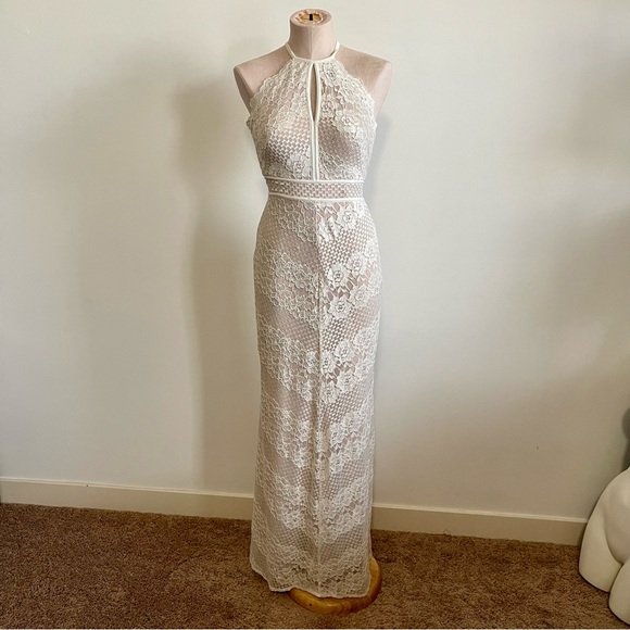 MORGAN & CO Lace Nude Prom Special Occasion Dress Halter-neck - Picture 3 of 15